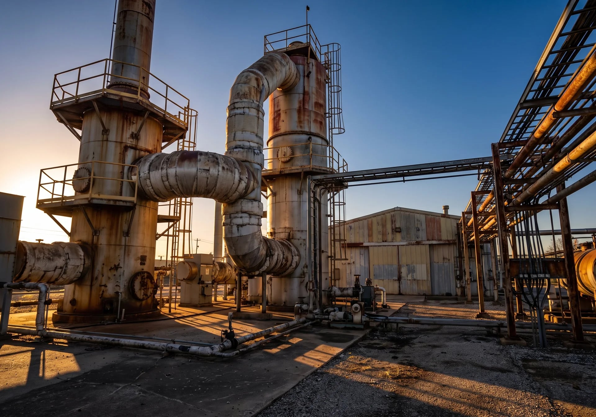 Thermal oxidizer and scrubber tower at an industrial facility at dusk